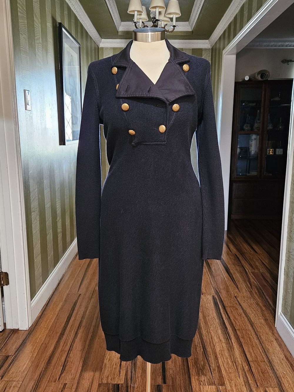 Ralph Lauren Navy Double-Breasted Knit Cotton Dress with Gold Buttons Small